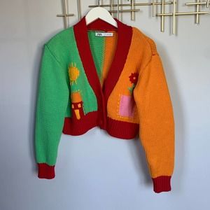 Zara Sun Moon Cropped Flower House Cotton Bright Dopamine Dressing Sweater S